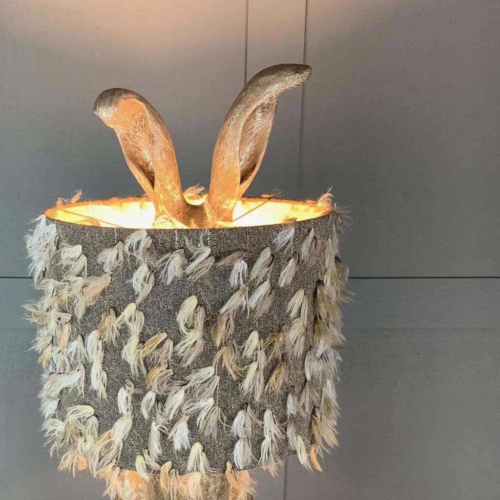 Harvey Hare Antique Silver Table Lamp & Fluffy Grey Shade