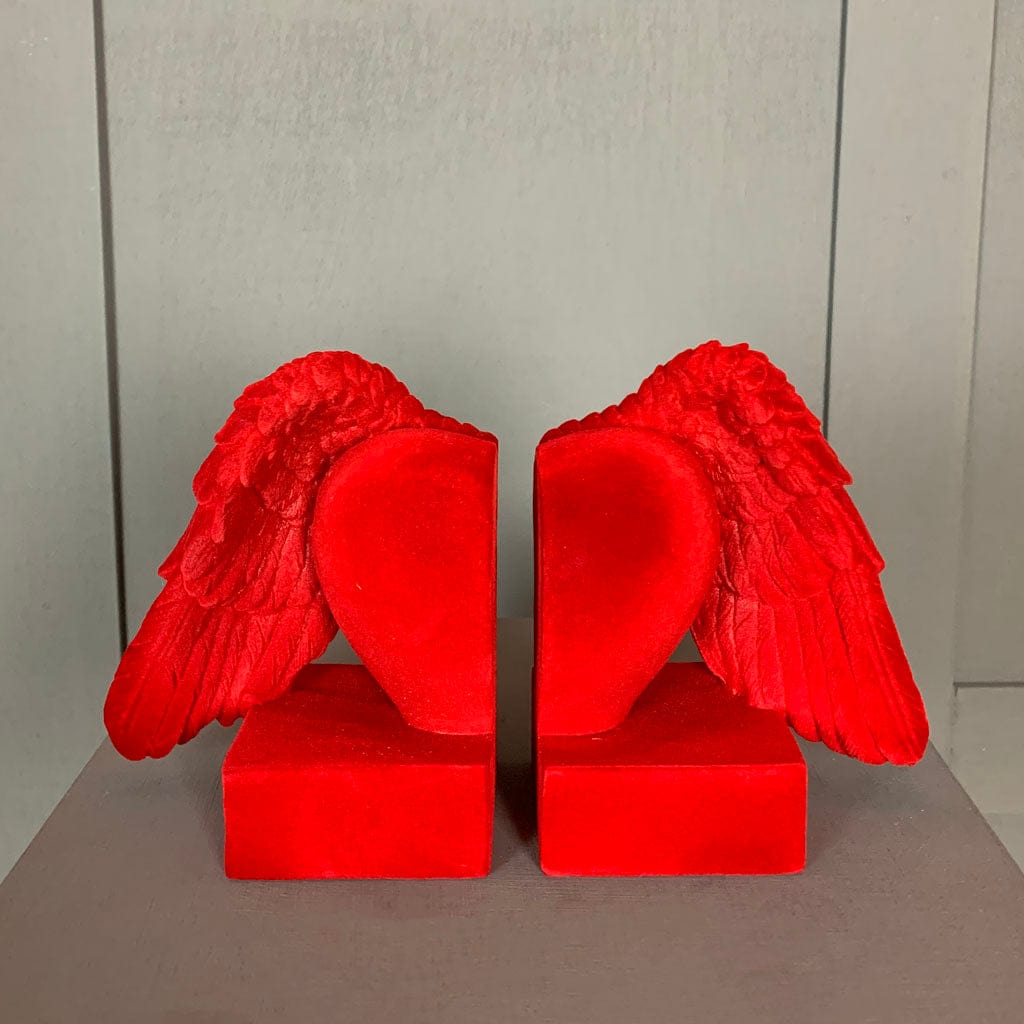 Bright Red Flock Pair of Winged Heart Bookends