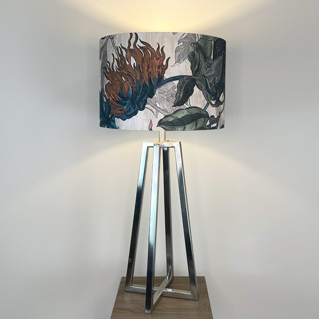 Madison Brushed Steel Table Lamp with Timorous Beasties Epic Botanic Blue Rust Shade