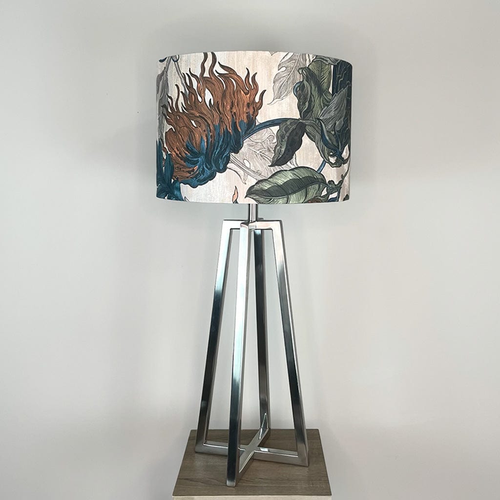 Madison Brushed Steel Table Lamp with Timorous Beasties Epic Botanic Blue Rust Shade