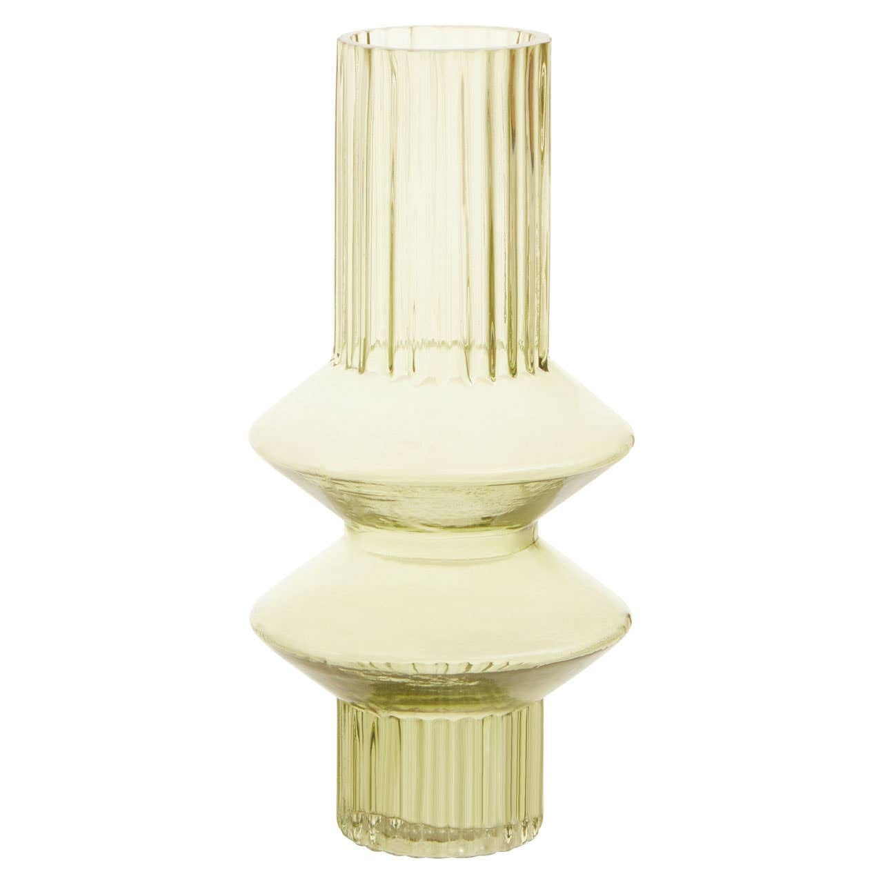 Green glass vase with a textured design on a white background