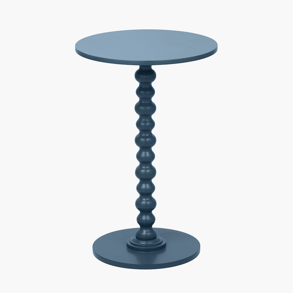 Blue round side table with a textured cylindrical design on a white background