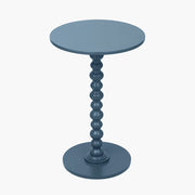Blue round side table with a textured cylindrical pedestal on a white background