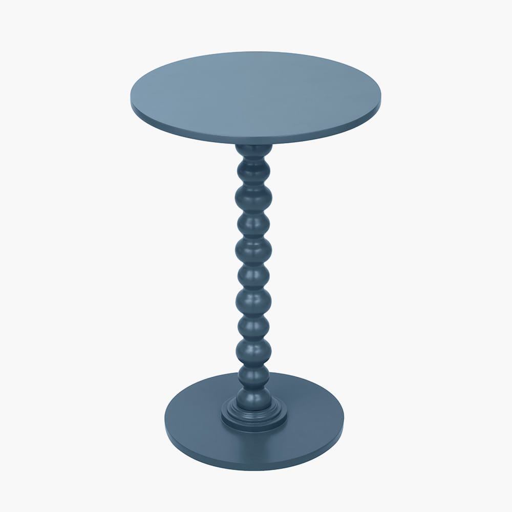 Blue round side table with a textured cylindrical pedestal on a white background