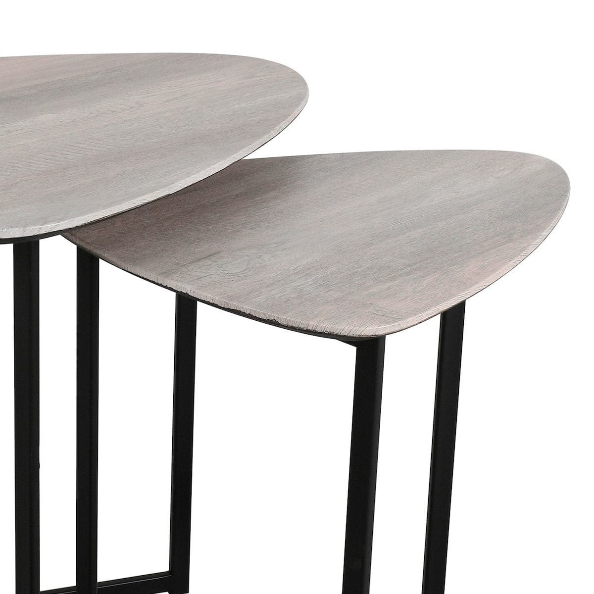 Two round side tables with gray tops and black metal legs on a white background
