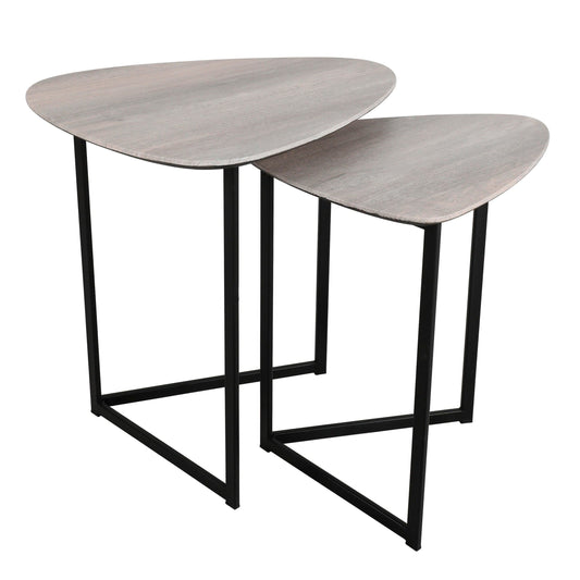 Set of two side tables with wooden tops and black metal legs on a white background