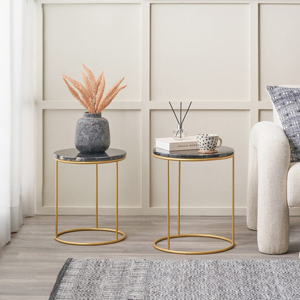 Milly Set of 2 Black Marble & Gold Metal Side Tables