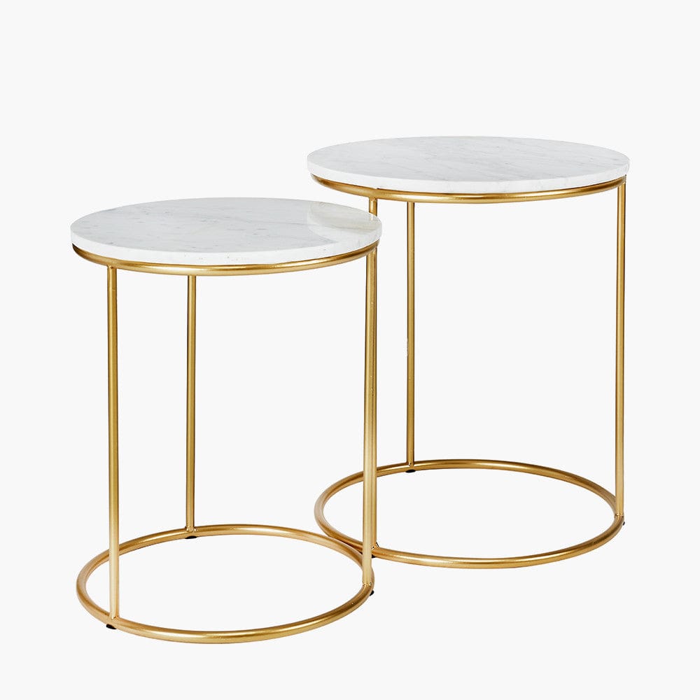 Two marble top side tables with gold metal frames on a white background