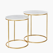Two marble top side tables with gold metal frames on a white background