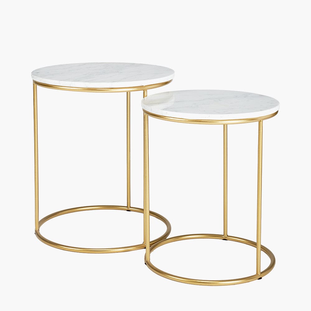Two marble top side tables with gold metal frames on a white background