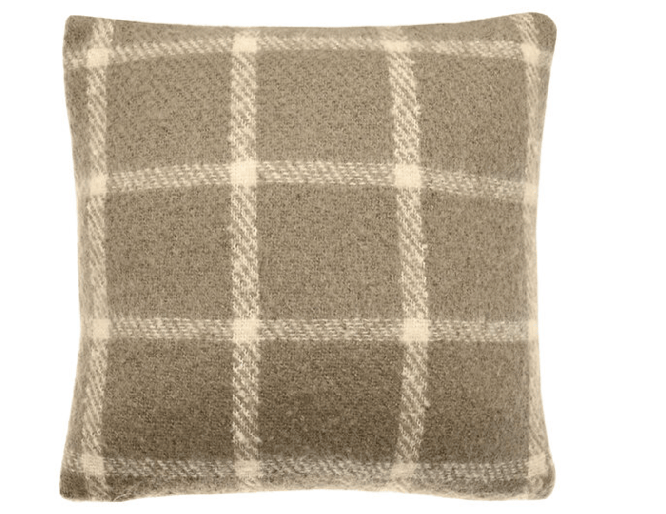 Plaid patterned pillow with brown and beige colors on a white background
