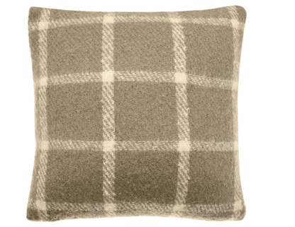 Plaid patterned pillow with brown and beige colors on a white background