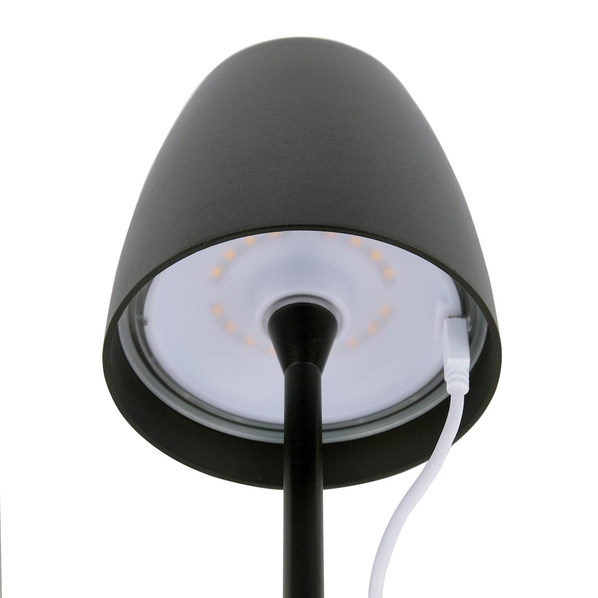 Black outdoor lamp with white cable on a white background