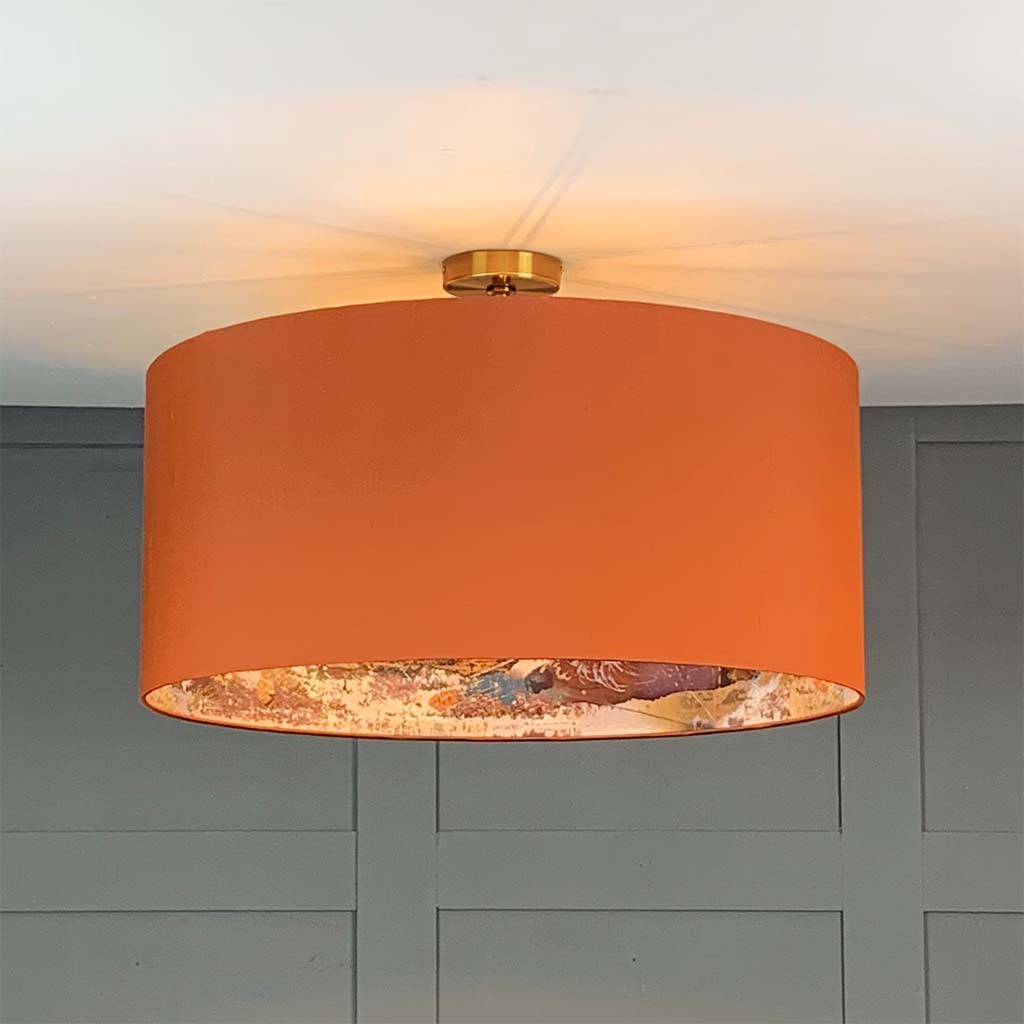 Burnt Orange Silk Pendant Shade with Mairi Helena Mirrored Storm Linen Lining