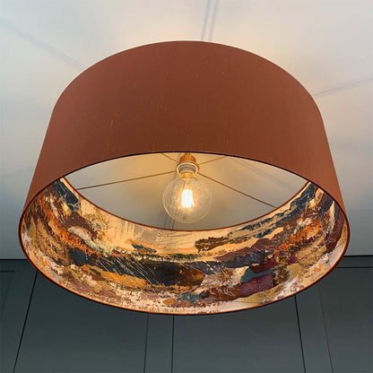 Burnt Orange Silk Pendant Shade with Mairi Helena Mirrored Storm Linen Lining