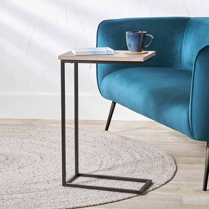 Natural Wood Veneer and Black Metal Supper Side Table