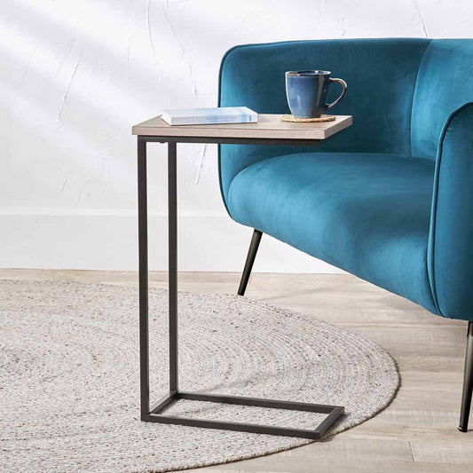 Natural Wood Veneer and Black Metal Supper Side Table