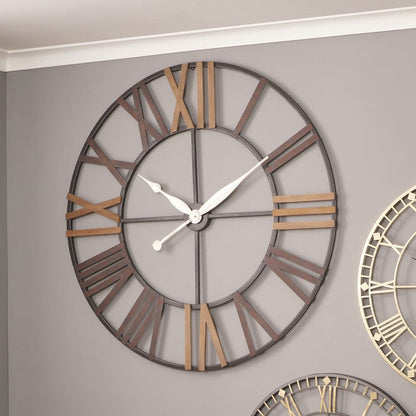 Antique Grey Metal & Wood Round Wall Clock