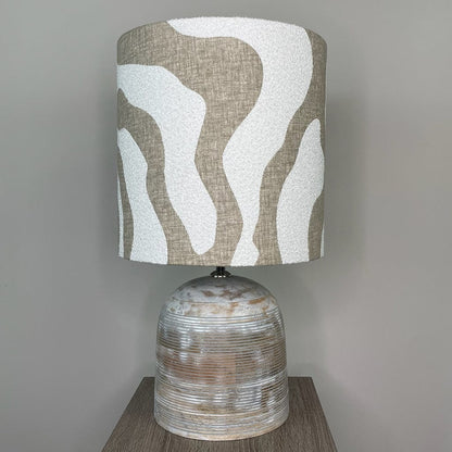 Nelu Warm Grey Wash Engraved Table Lamp with Sigrid Birch Boucle Shade