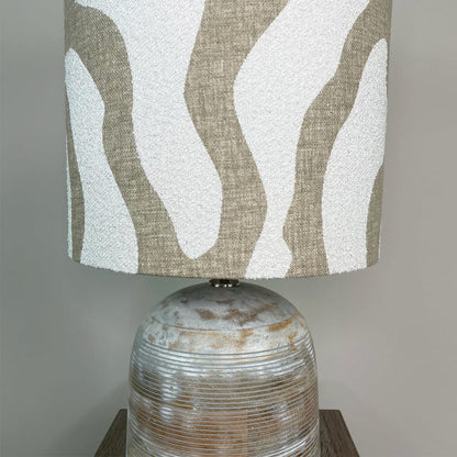 Nelu Warm Grey Wash Engraved Table Lamp with Sigrid Birch Boucle Shade