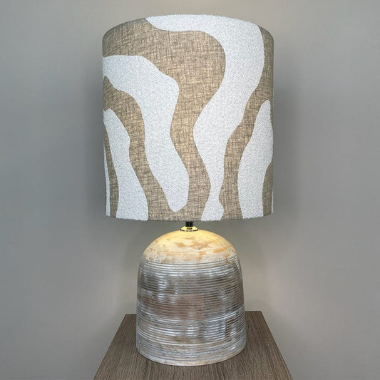 Nelu Warm Grey Wash Engraved Table Lamp with Sigrid Birch Boucle Shade