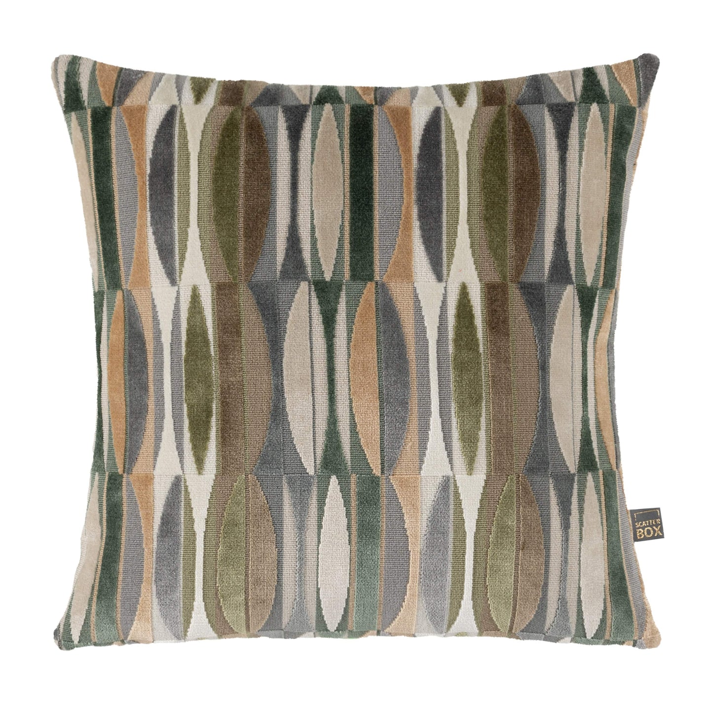 Patterned pillow with a geometric design on a white background