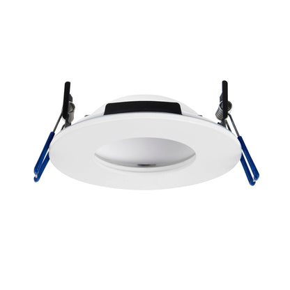 White recessed ceiling light with blue mounting brackets on a white background