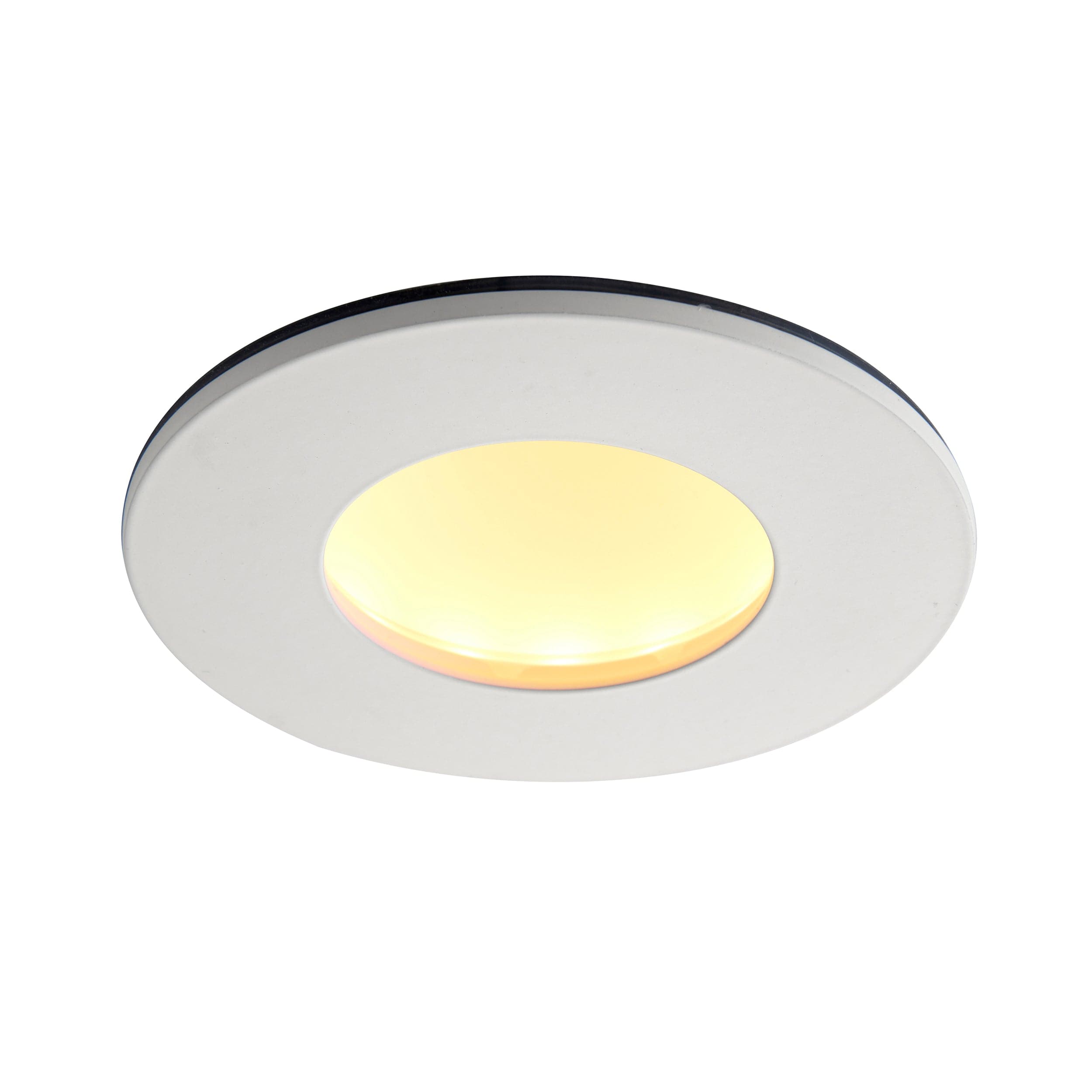 Round ceiling light fixture with white rim and yellowish interior on a white background