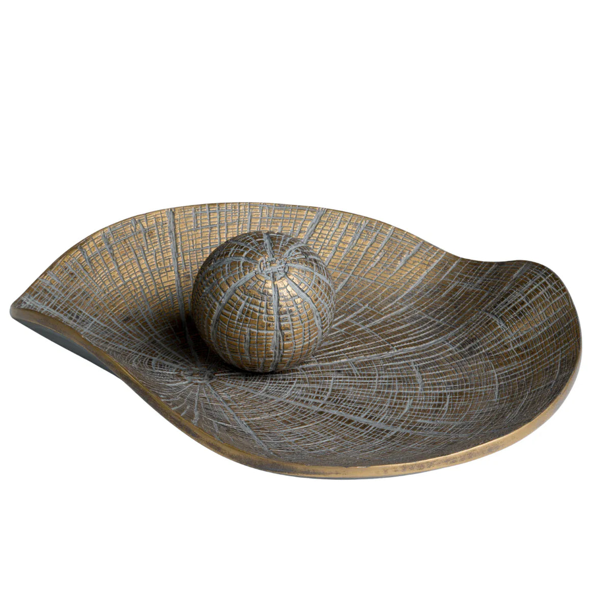 Decorative woven bowl with spherical object on a white background