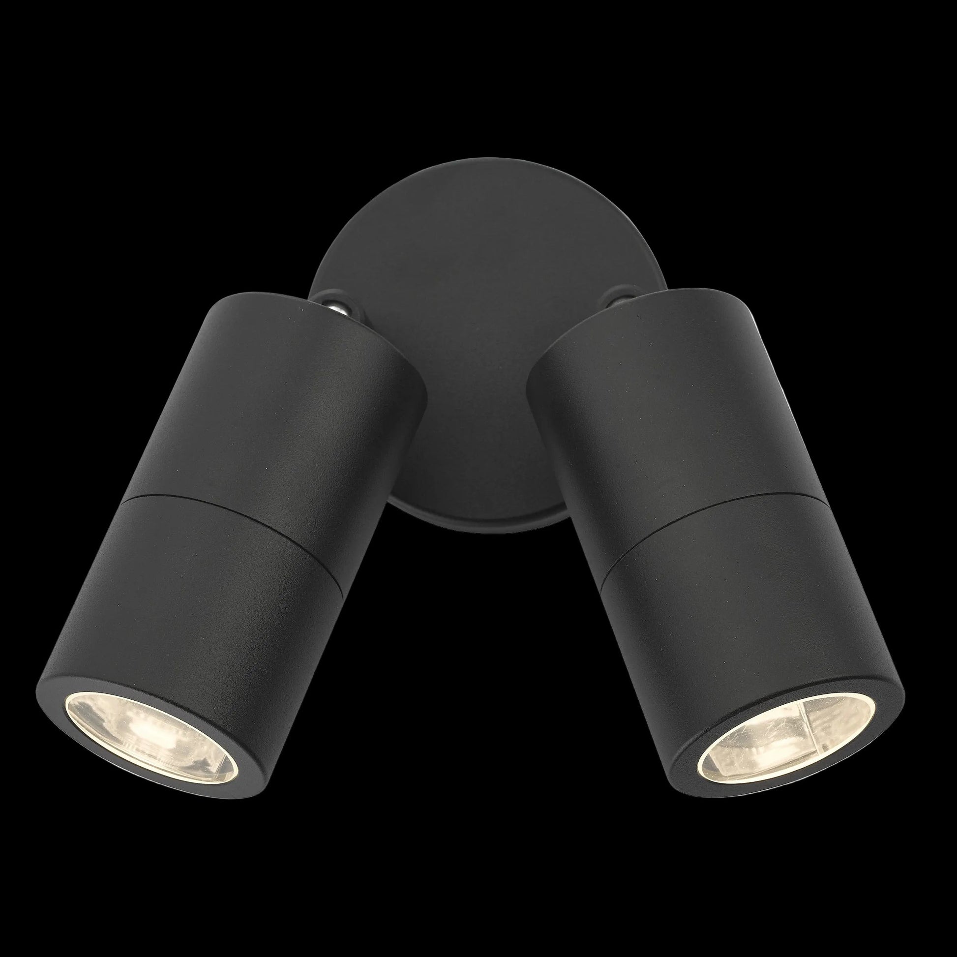 Black outdoor wall light fixture with two cylindrical lights on a white background