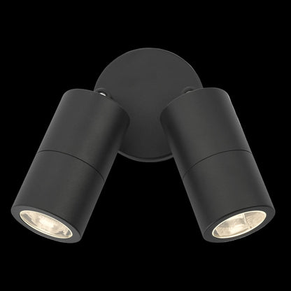 Black outdoor wall light fixture with two cylindrical lights on a white background