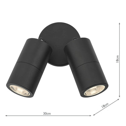 Black double spotlight with dimensions on a white background