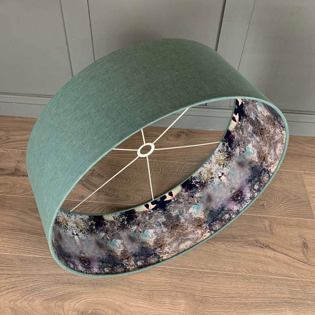 Oslo Spray Pendant Shade with Mairi Helena Hebridean Homelands Wallpaper Lining