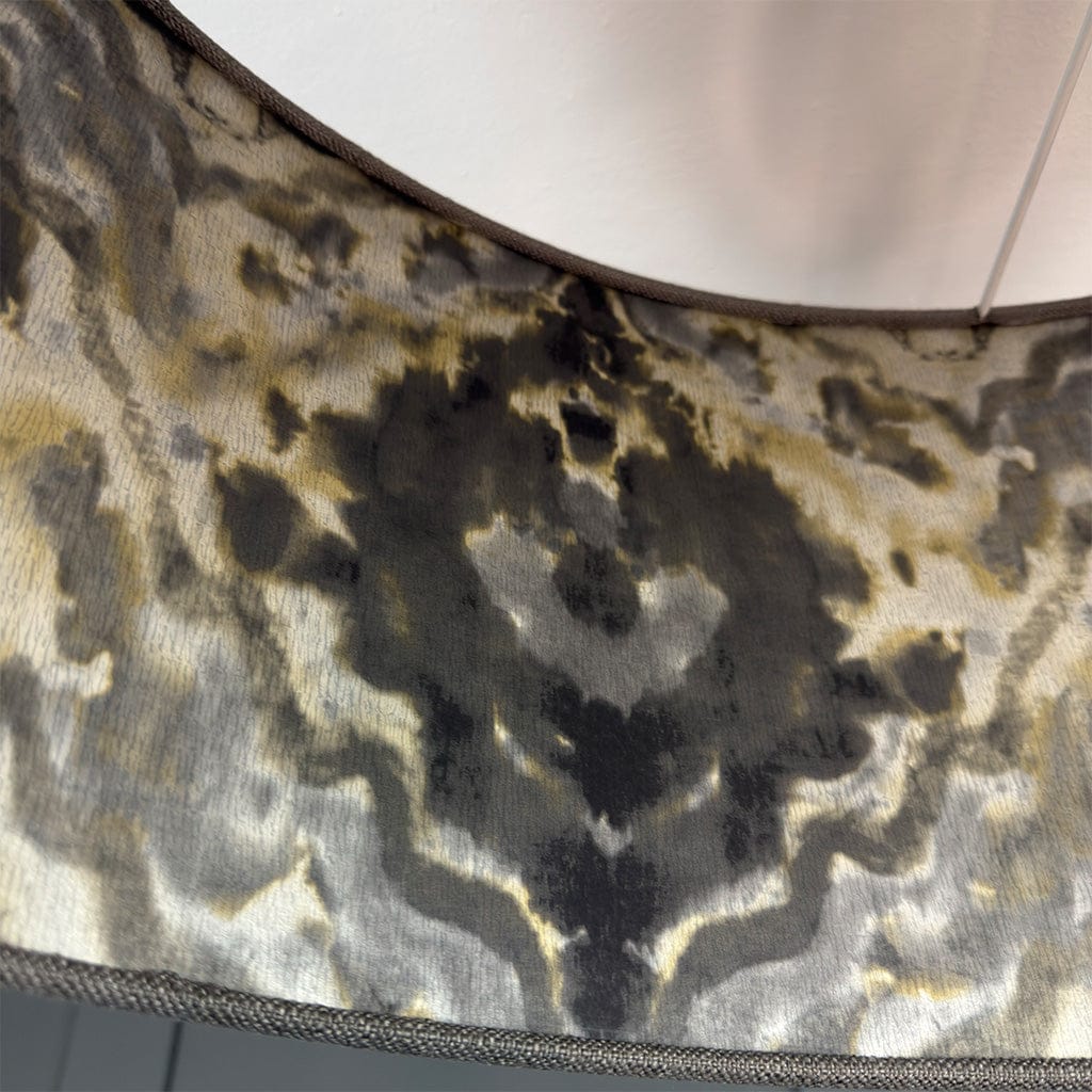 Mink Linen Pendant Shade lined with Aqueous Charcoal Wallpaper