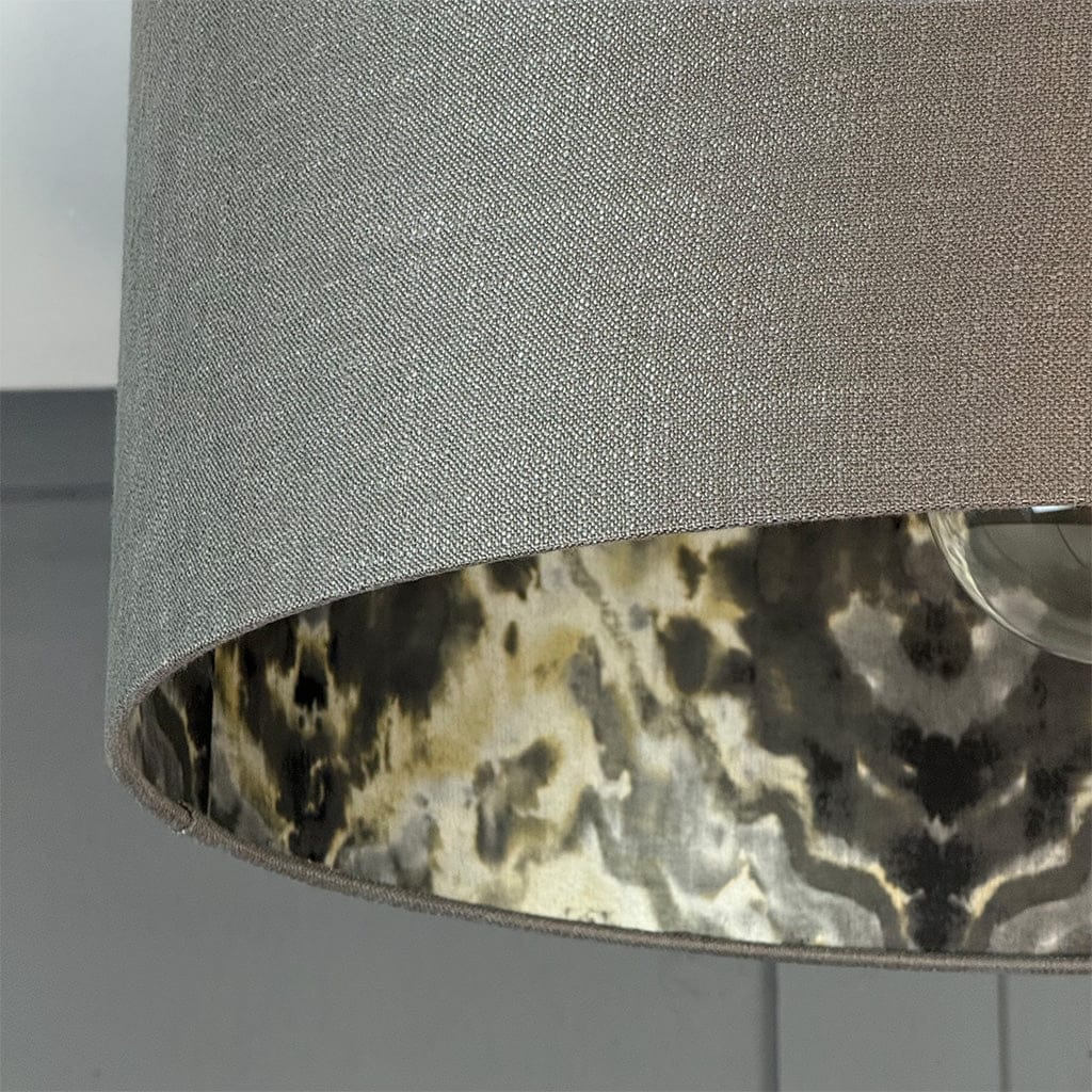Close-up of a textured gray lampshade with a patterned interior
