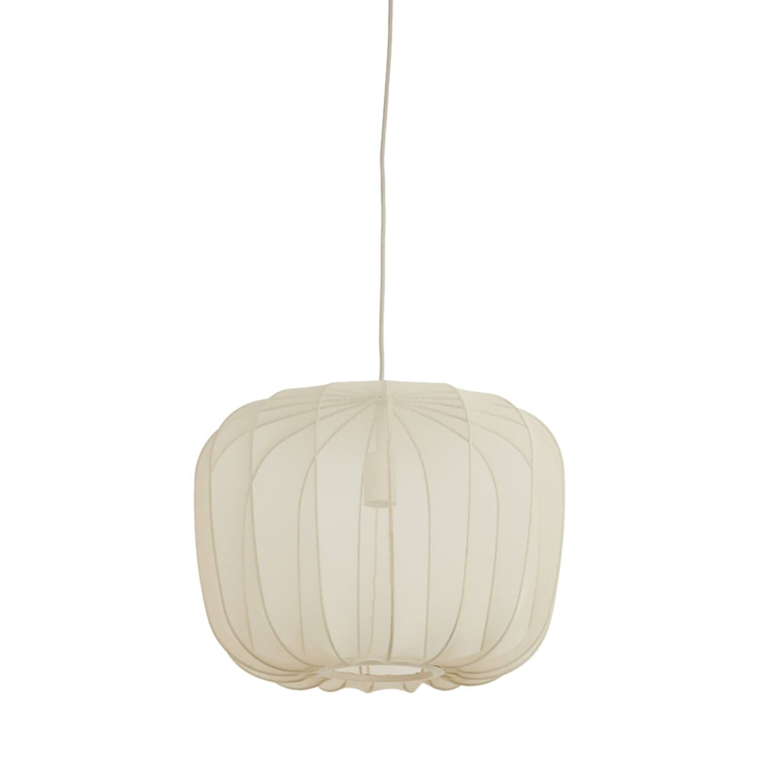 Beige pendant lamp with a textured shade on a white background