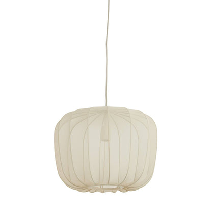 Beige pendant lamp with a textured shade on a white background
