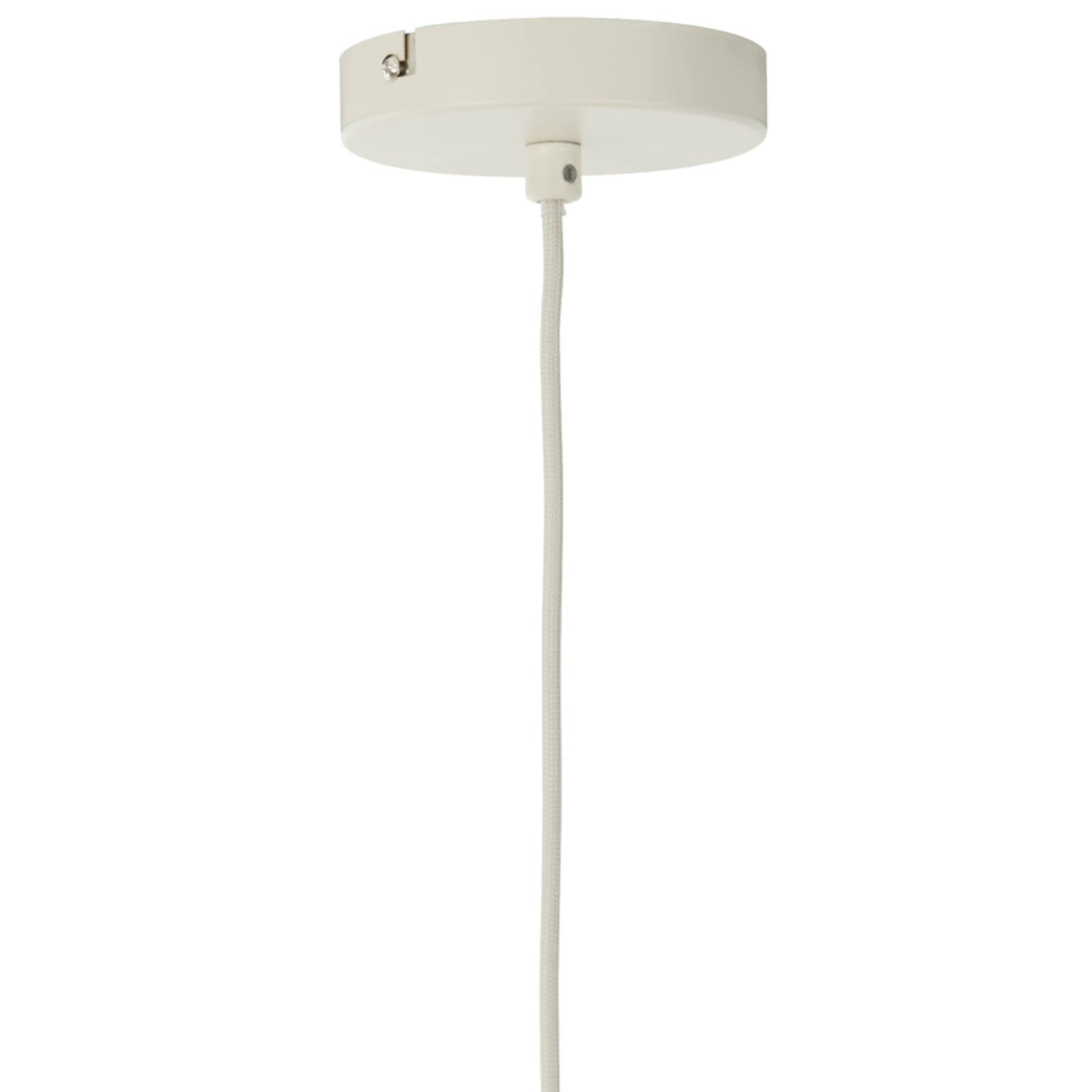 Ceiling light fixture with white shade and cable on a white background