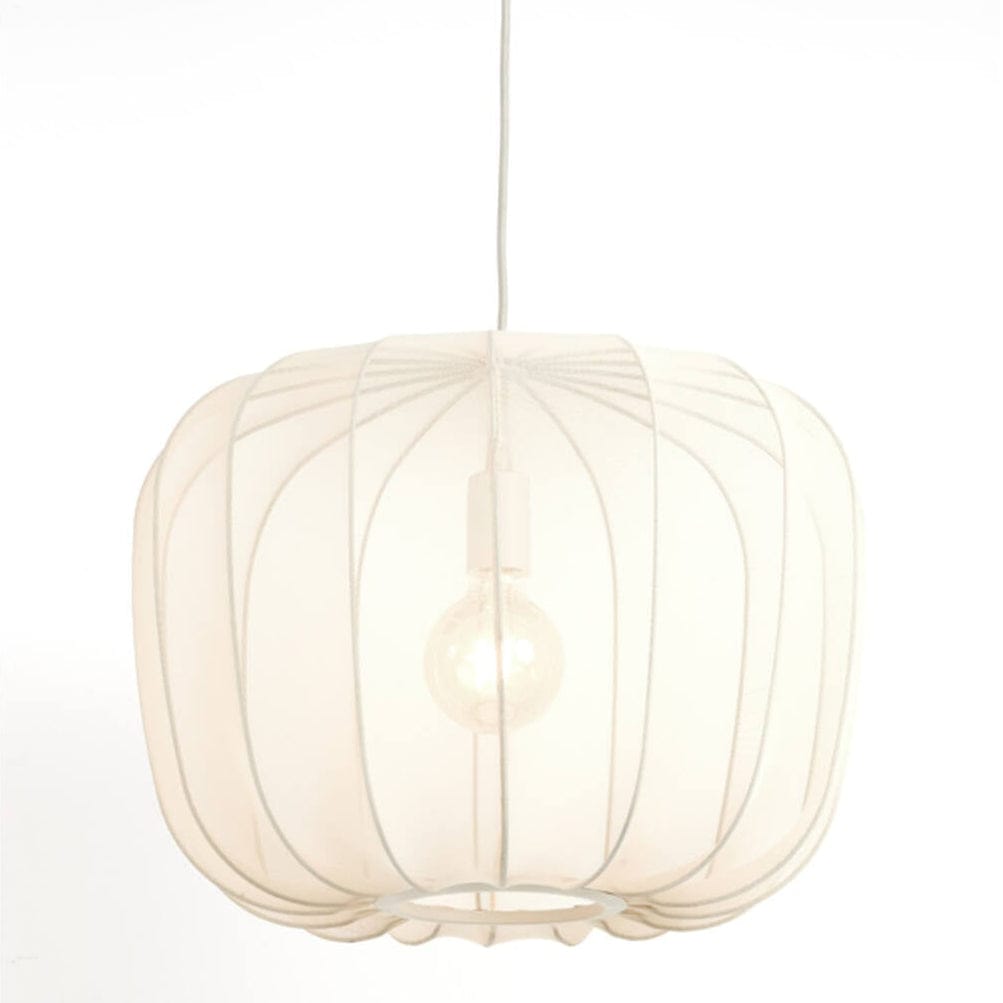 White pendant lamp with a mesh design on a white background