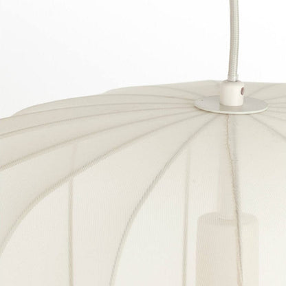 Close-up of a white pendant lamp with a detailed design on a white background