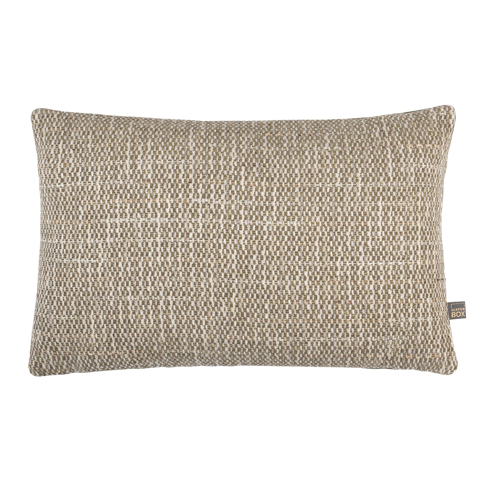 A rectangular Preston Green cushion with a natural woven texture in cream and stone green tones, featuring a soft-touch velvet backing.