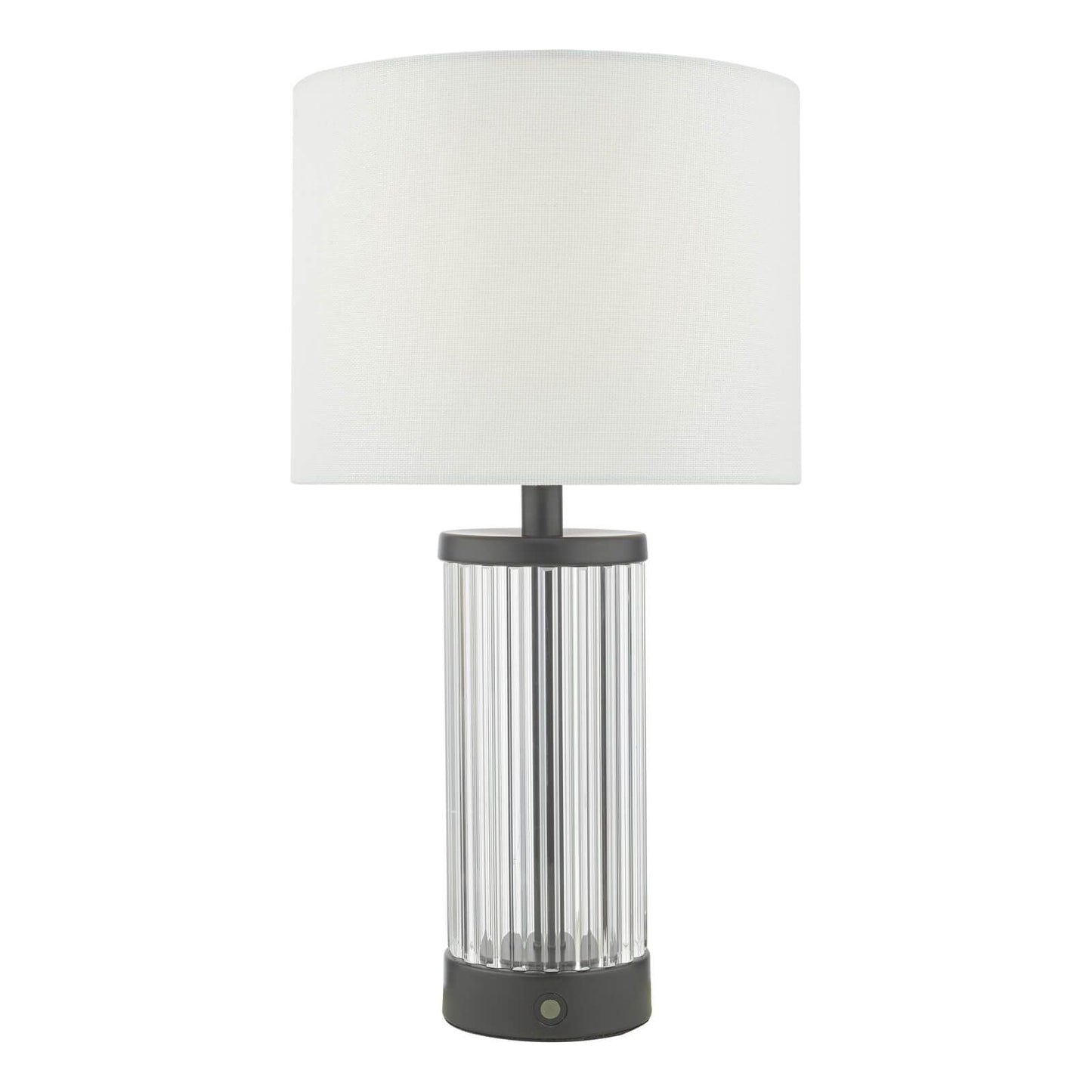 A modern table lamp with a satin black finish and a textured glass base, featuring a white linen shade.