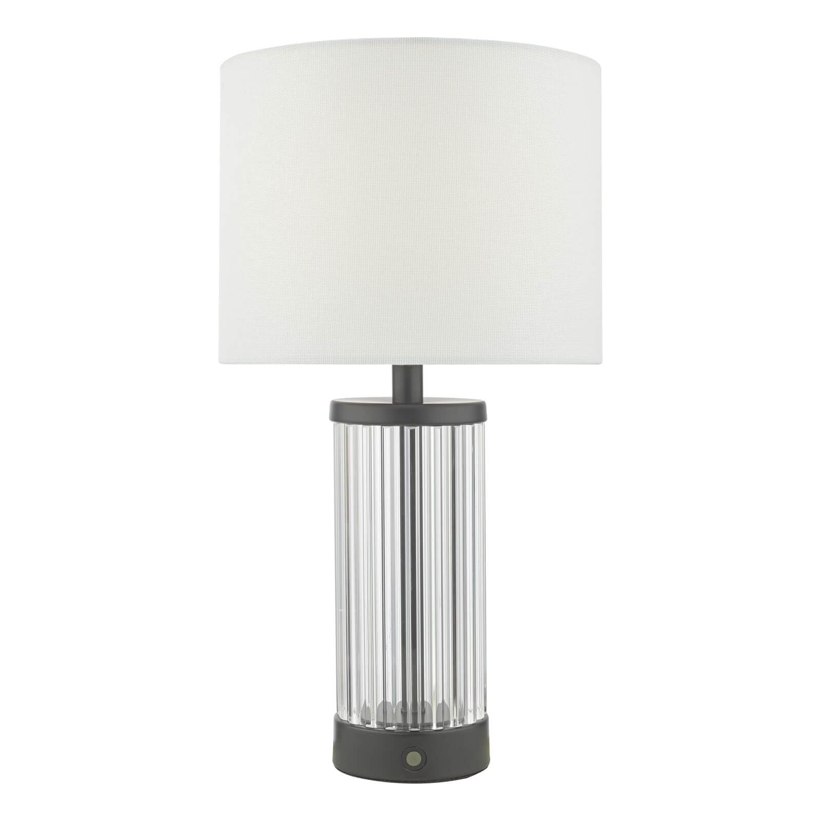 A modern table lamp with a satin black finish and a textured glass base, featuring a white linen shade.