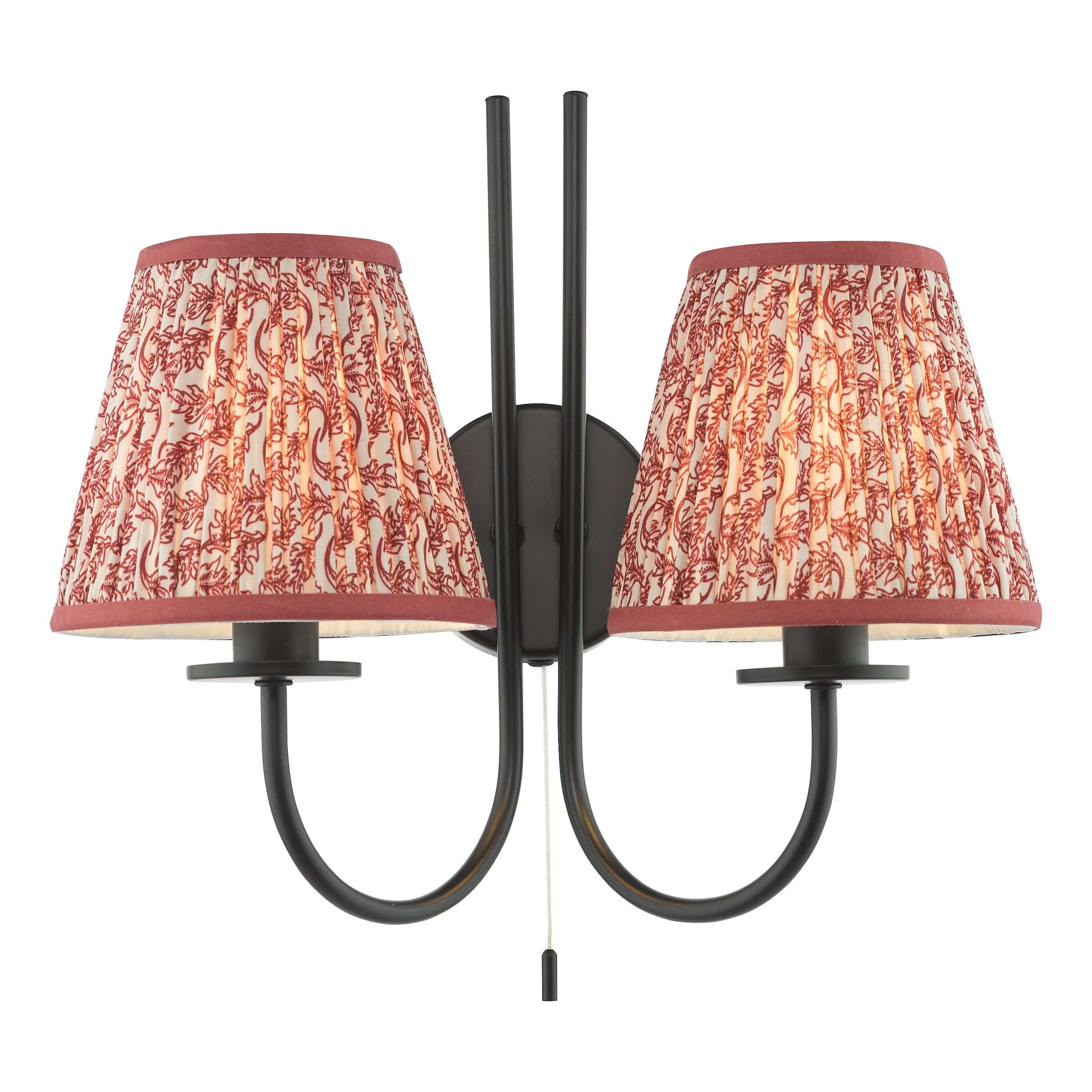 Double wall sconce with red patterned lampshades on a white background