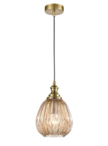 Gold pendant light with glass shade on a white background