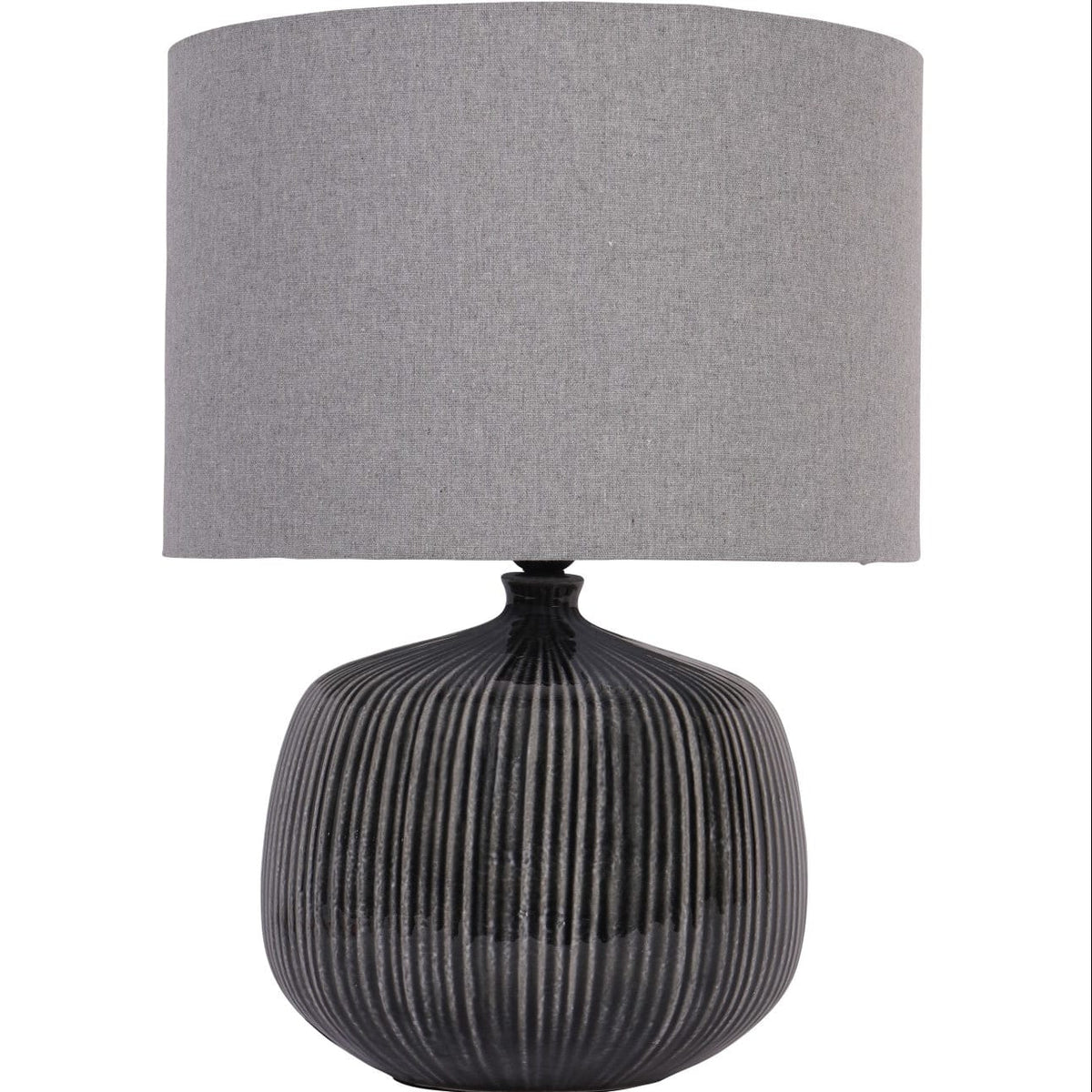 Table lamp with ribbed black base and gray fabric shade on a white background