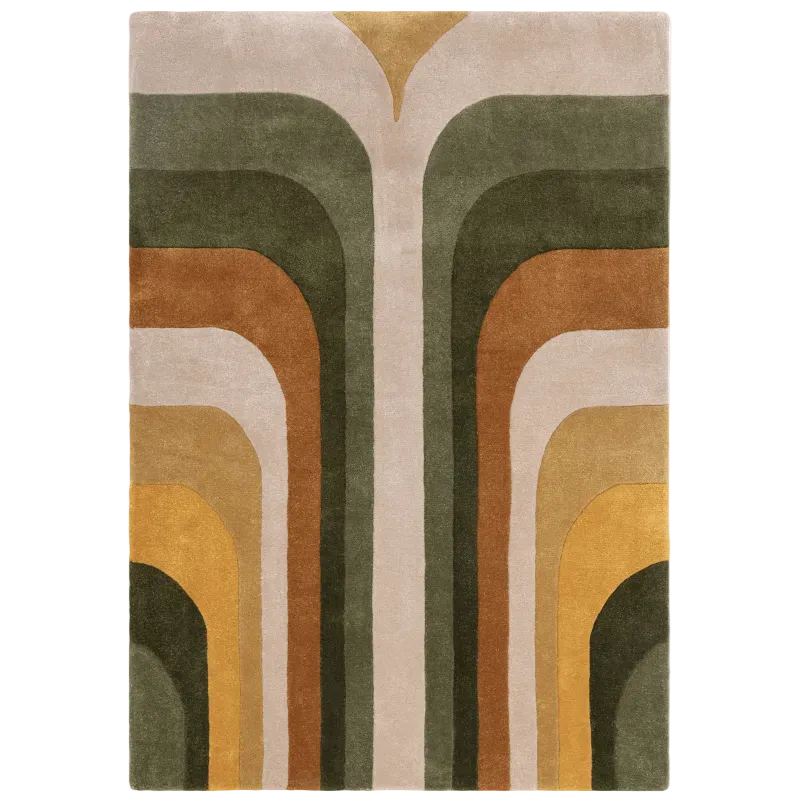 A geometric patterned rug with a flow of colors from top to bottom in shades of green, yellow, orange, and cream.