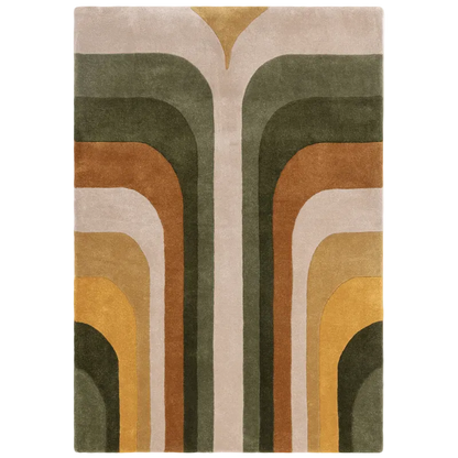 A geometric patterned rug with a flow of colors from top to bottom in shades of green, yellow, orange, and cream.