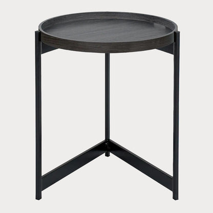 Black side table with round tray top on a white background