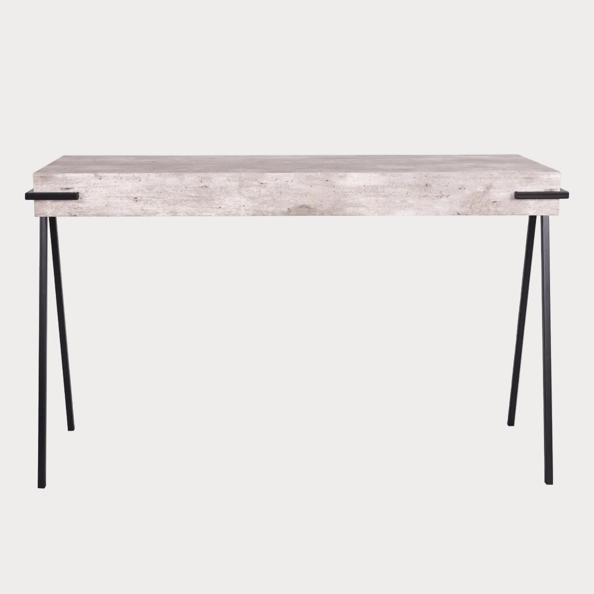 A rectangular console table with a concrete effect top and black angular legs.